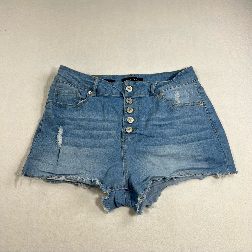 LOVE TREE Denim Jeans Shorts Womens M Blue Button Fly High Waist Distress Cutoff